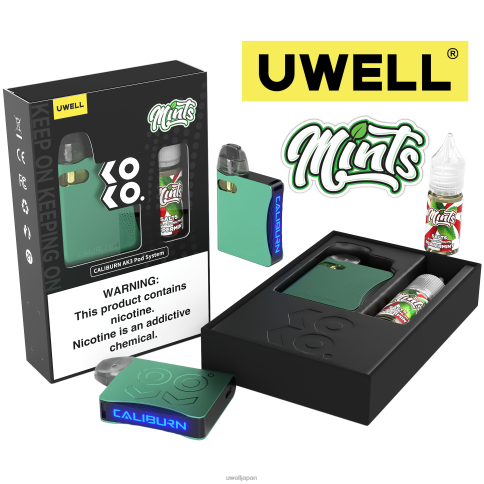 UWELL CALIBURN AK3 キット + a3s 0.8ohm ポッド (x2) + パパの蒸気 10ml 塩 50mg | UWELL Tokyo crl:シアン/flv:ペパーミント 50mg J0X2T242