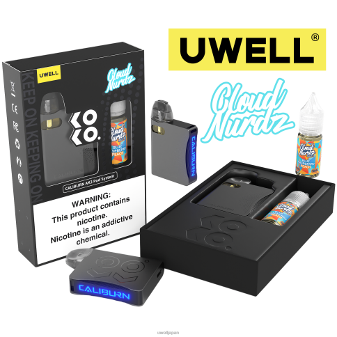 UWELL CALIBURN AK3 キット + a3s 0.8ohm ポッド (x2) + パパの蒸気 10ml 塩 50mg | UWELL Vape Disposable crl:グレー/flv:ブルーラズベリーピーチ J0X2T247