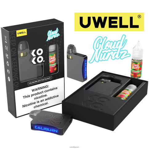 UWELL CALIBURN AK3 キット + a3s 0.8ohm ポッド (x2) + パパの蒸気 10ml 塩 50mg | UWELL 電子タバコ crl:グレー/flv:すっぱいスイカイチゴ 50mg J0X2T240