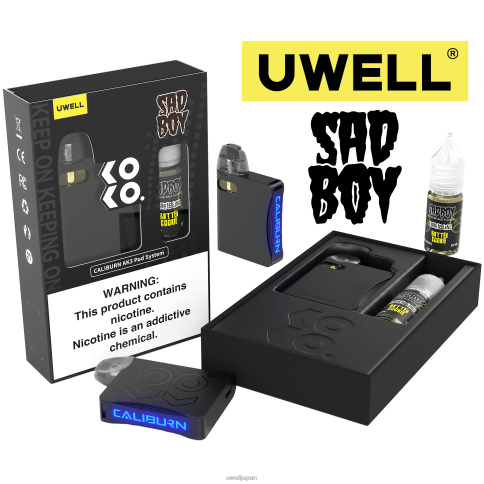 UWELL CALIBURN AK3 キット + a3s 0.8ohm ポッド (x2) + パパの蒸気 10ml 塩 50mg | UWELL 公式 crl:ブラック/flv:カスタードクッキー 50mg J0X2T243